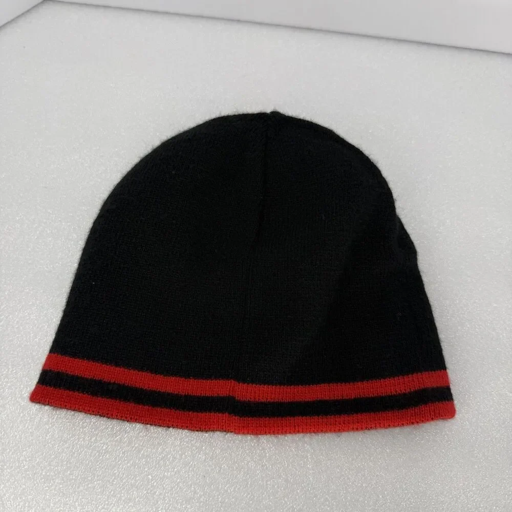 Vtg Nike Beanie Mens Black Red Reversible Thin Knit Embroidered Check Logo 2000s